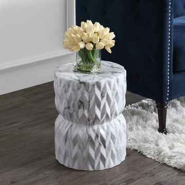 Chevron Drum 17.5" White Marble Finish Ceramic Garden Stool - JONATHAN Y